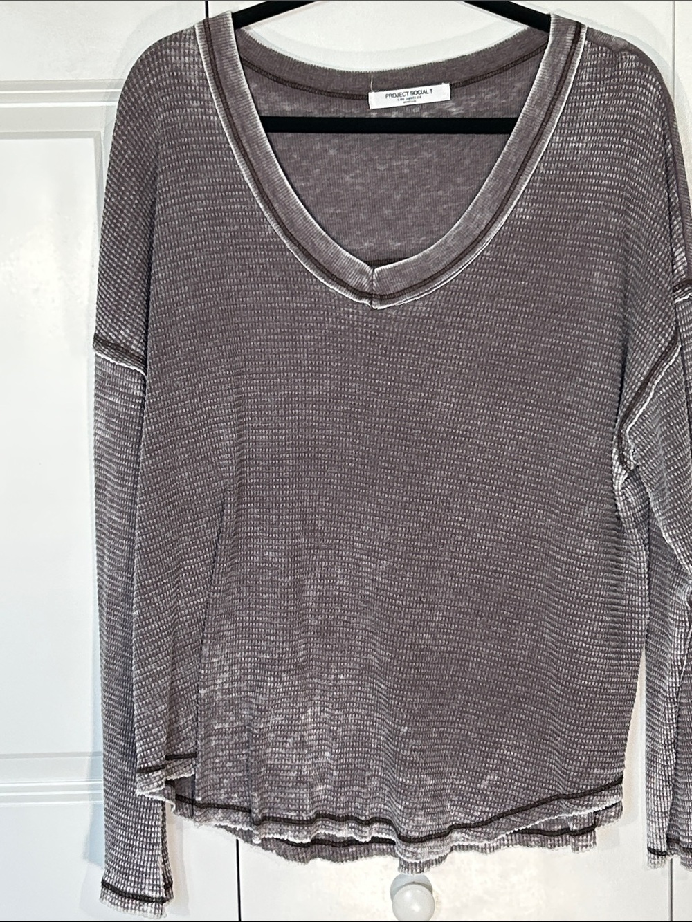 Project Social T Gray Waffle-Knit V-Neck Long Sleeve Top